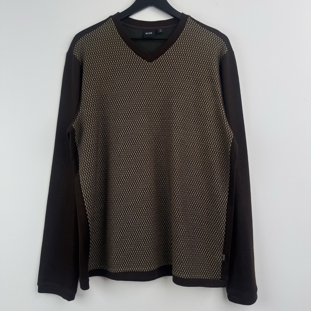 Hugo Boss Sweater Mens XL Brown Geometric Diamond Jacquard V Neck Long Sleeve